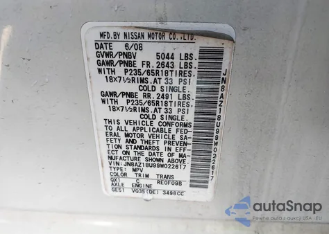 2009 Nissan Murano Sl z USA, uszkodzony, nr VIN JN8AZ18U99W022617